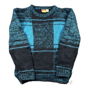 EZ Spirit Vintage 80s 90s Women Sweater Plaid Grandpa Turquoise Black Small M123